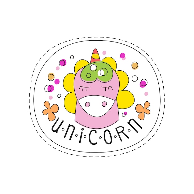 Dulce unicornio con ojos cerrados parche infantil insignia lindo animal de dibujos animados pegatina mano dibujado vector ilustración sobre un fondo blanco