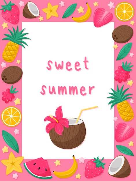 Dulce verano una postal rectangular con texto y dulces de frutas de verano brillantes y cóctel de coco símbolos de alimentos dulces de temporada de verano ilustración vectorial en un estilo de dibujos animados planos