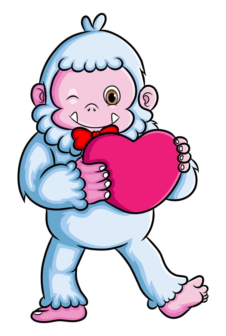 Vector el dulce yeti está sosteniendo y abrazando a la muñeca del gran corazón de la ilustración.