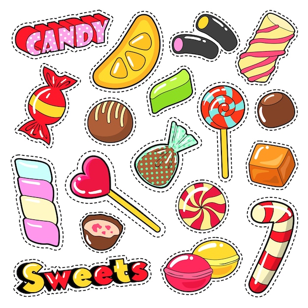 Dulces alimentos caramelos pegatinas, parches, insignias con piruleta, caramelo de chocolate y gelatina. vector doodle