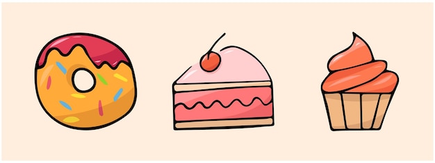 dulces alimentos dulces iconos de colores sobre el tema de dulces dulces helados vector doodle un conjunto de golosinas una plantilla para crear un pastel de cartel un sombrero de pastel hecho de crema