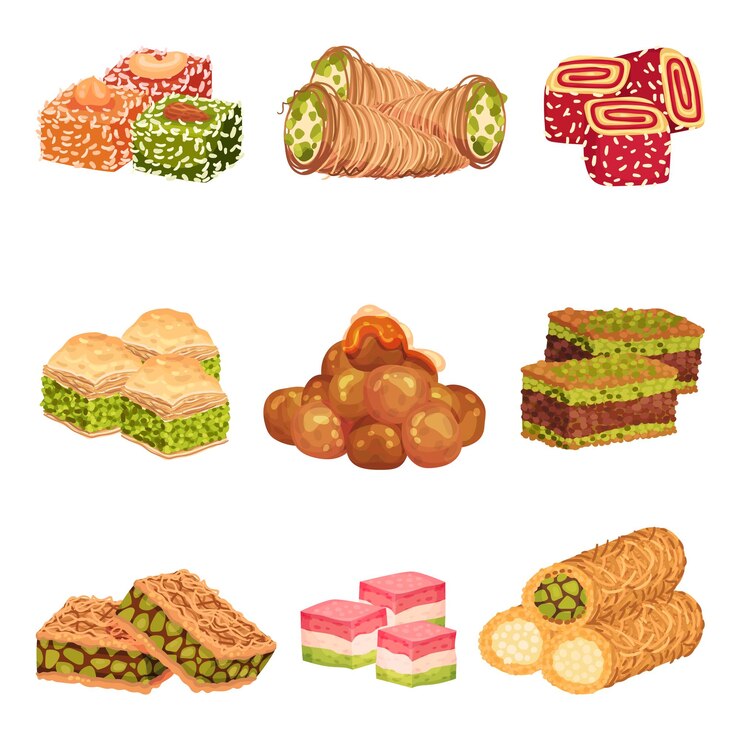 Vector dulces árabes con el famoso set vectorial de baklava y rahat lakoum