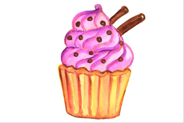 Dulces Cake.Watercolor ilustración de confitería.Acuarela deliciosa magdalena con pequeño.
