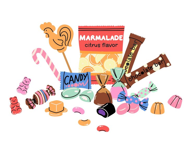 Vector dulces y caramelos barras de chocolate caramelo caramelo diferentes piruletas en palos osos de mermelada elementos de la tienda de dulces navidad y cumpleaños niños presentes dibujos animados plano ilustración aislada