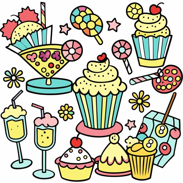 Dulces coloridos de dibujos animados, ilustraciones, pasteles, piruletas y bebidas