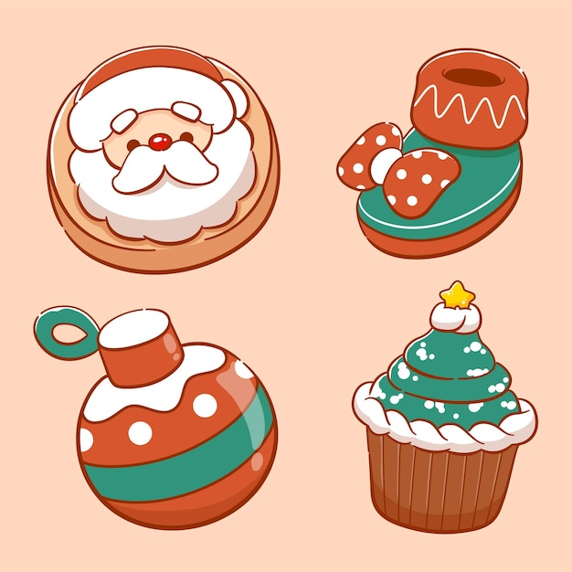 Dulces cupcakes de Navidad de Santa y otros elementos de la colección dibujada a mano