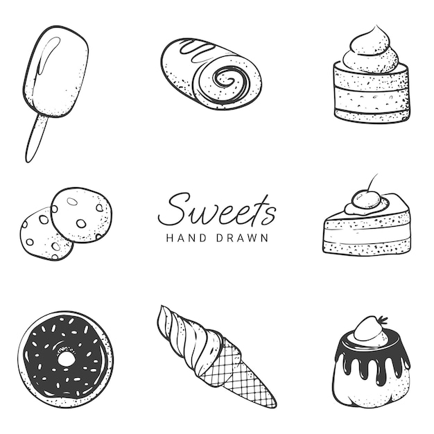 Vector dulces dibujo a mano donas pasteles helados y galletas