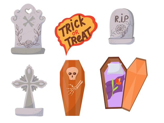Dulces, disfraces, artículos mágicos y espeluznantes. Un gran conjunto de elementos para la celebración de Halloween. Ilustración de vector aislado sobre fondo blanco.