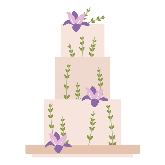 Dulces flores de pastel de bodas. Tres niveles de crema. Boda moderna, cumpleaños, novio, novia.