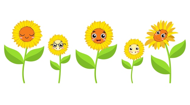 Los dulces girasoles de dibujos animados sonriendo y felices en la naturaleza