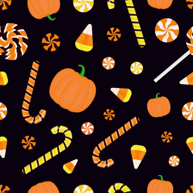 Vector dulces de halloween y calabazas de patrones sin fisuras