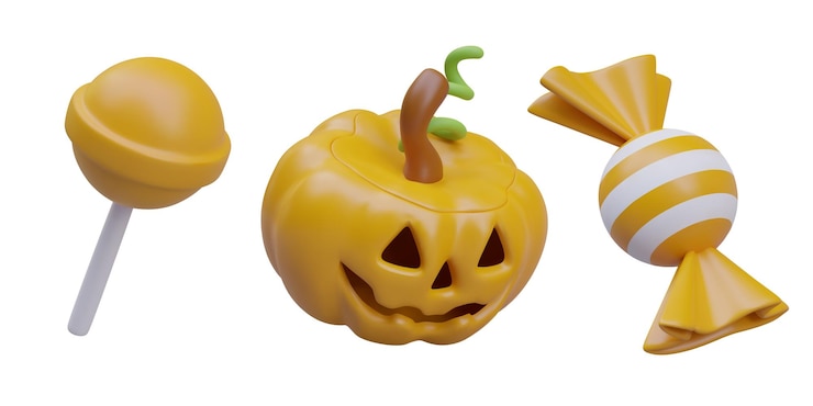 Vector dulces para halloween truco o regalo piruleta amarilla en caramelo de palo en envoltura de papel calabaza