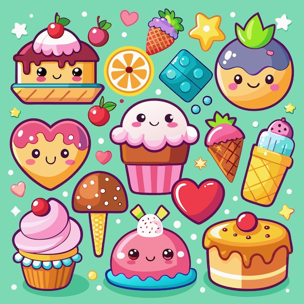 Dulces helados de dibujos animados y helados sobre un fondo amarillo todos con caras felices