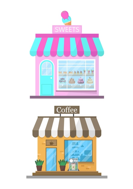 Los dulces y el icono del edificio de la cafetería aislados sobre un fondo blanco Concepto de alimentos y bebidas