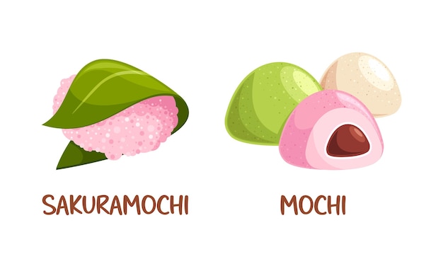 Dulces japoneses Sakura Mochi y diferentes sabores de Mochi Ilustración para presentaciones culturales