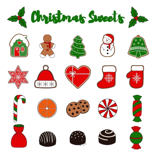 Dulces navideños conjunto de 20 elementos de estilo doodle