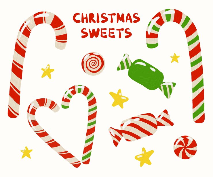 Vector dulces navideños y dulces ilustraciones dibujadas a mano. variedad de íconos de dulces con pinturas al óleo