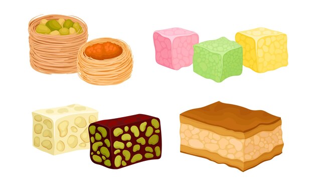 Vector dulces orientales y delicias turcas con baklava y rahat lakoum conjunto vectorial