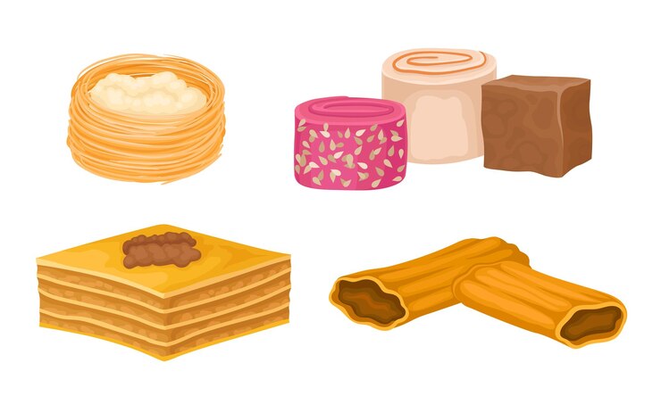 Vector dulces orientales y delicias turcas con baklava y rahat lakoum conjunto vectorial