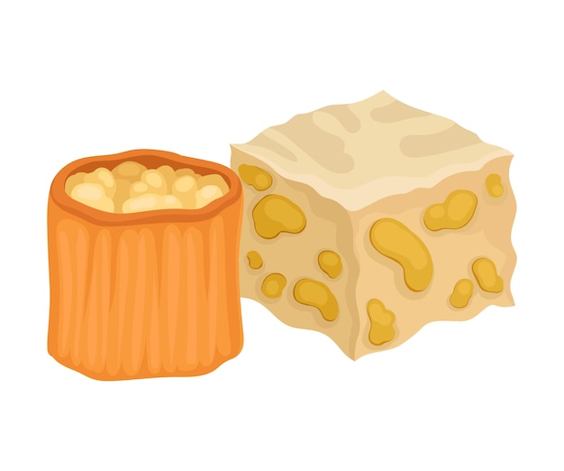 Dulces orientales en forma de cilindro con relleno y un cubo de halva con nueces grandes Ilustración vectorial sobre fondo blanco