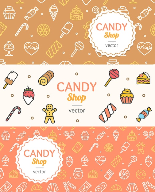 Dulces y Panadería Candy Banner Flyer Horizontal Set Vector