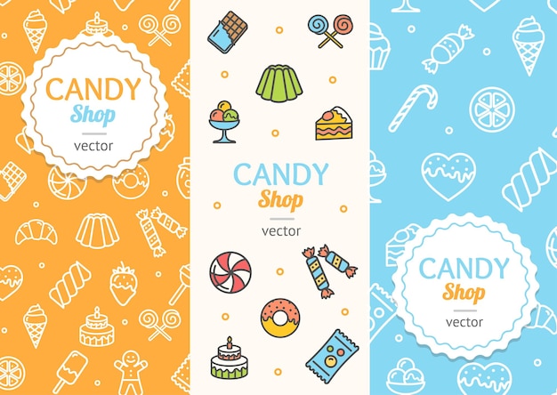 Dulces y Panadería Candy Banner Flyer Vertical Set Vector