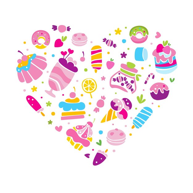 Dulces pastel dibujado a mano pastel de taza y helado postre arreglo de corazón vectorial