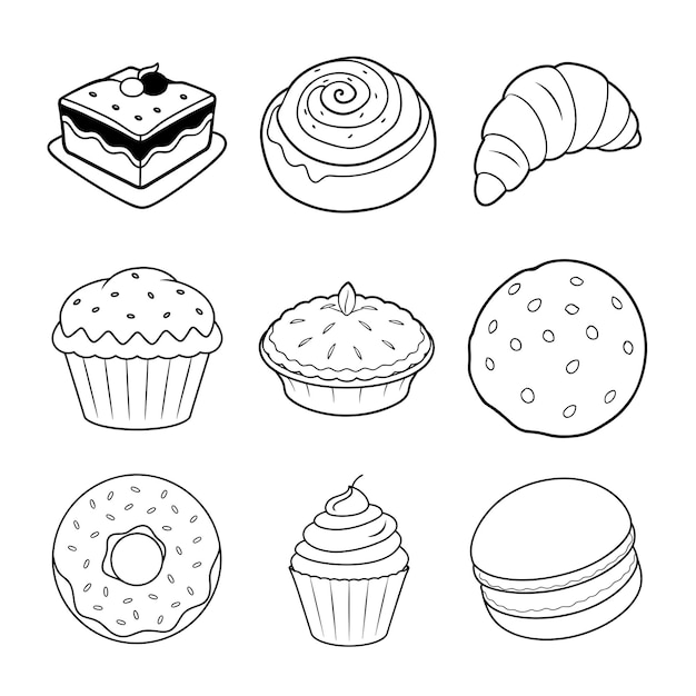 Dulces pastelerías para colorear Página de línea Arte Bundle Donut Cupcake Croissant Cookie y más