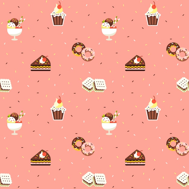 Dulces de patrones sin fisuras, adorable colección de bocadillos con magdalenas, pasteles, galletas y helados