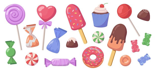 Dulces y productos de azúcar conjunto de vectores Helado y dulces caramelos en palo Símbolo de vacaciones y festival Año nuevo y Navidad Dibujos animados ilustración plana aislada sobre fondo blanco