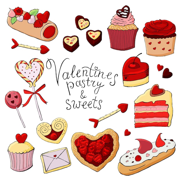 Dulces de san valentín y conjunto de colores de pastelería ilustración vectorial