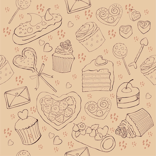 Dulces de San Valentín y fondo de pastelería. Ilustración vectorial