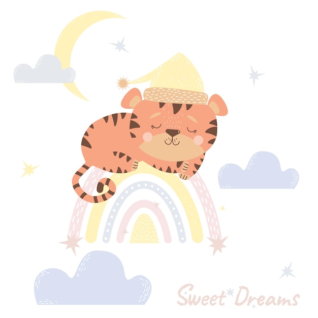 Dulces sueños Animal durmiente Lindo tigre duerme en el arco iris Vector Bebé animal para el diseño de la guardería