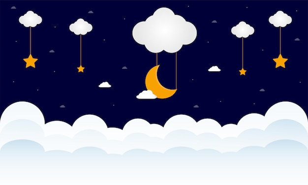 Dulces sueños. Luna creciente, nubes y estrellas en el fondo nocturno. ilustración vectorial