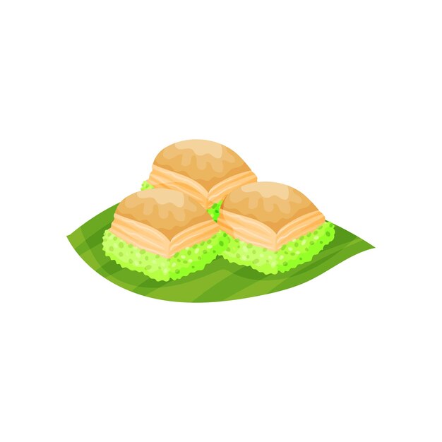 Dulces tradicionales indonesios deliciosos bocadillos en hoja verde diseño de vector plano para póster o volante de libro de recetas