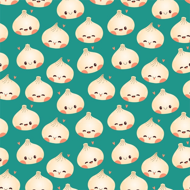 Dumpling y gyoza dibujo vectorial de patrones sin fisuras. albóndigas japonesas tradicionales con caras graciosas