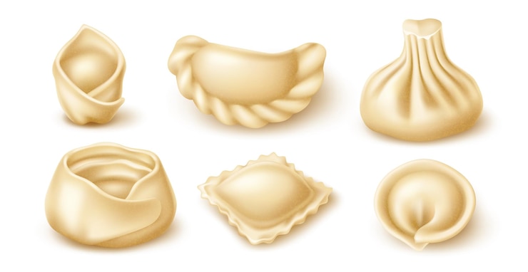 Vector dumplings realistas alimentos aislados asiáticos, italianos y caucásicos masa hervida rellena con carne ravioli khinkali y mantas elementos aislados en 3d banner u objetos de menú conjunto vectorial utter