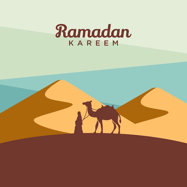 Duna de arena de ramadán kareem con fondo de camello y mujer hijab