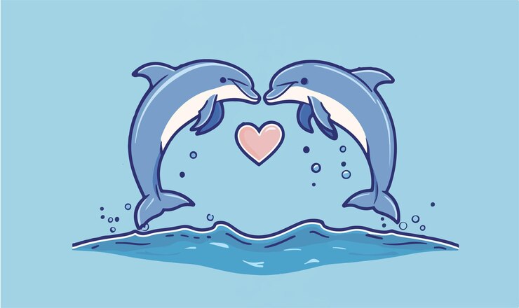 Vector un dúo de delfines jugosos saltando en las olas del océano