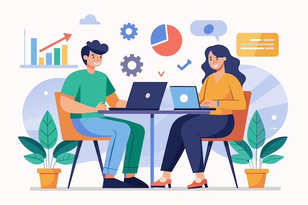 Un dúo sentado en una mesa absorto en el trabajo en una computadora portátil y gráficos Dos personas sentadas en la mesa con una computadora portable y gráficos Ilustración vectorial plana simple y minimalista
