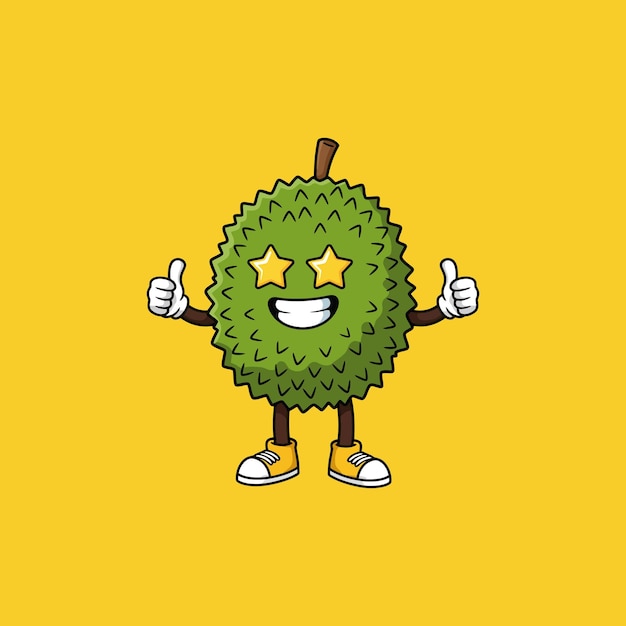 Un durian animado feliz brilla dando dos pulgares hacia arriba estrellas doradas brillan en sus ojos vibraciones lúdicas y positivas