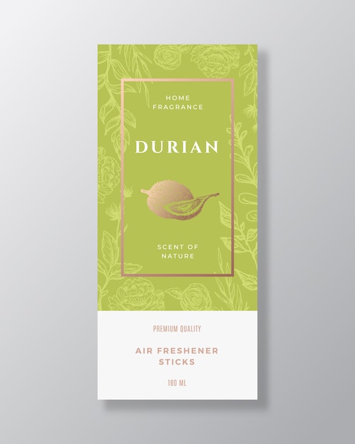 Durian hogar fragancia abstracta vector etiqueta plantilla dibujado a mano boceto flores hojas de fondo y ...
