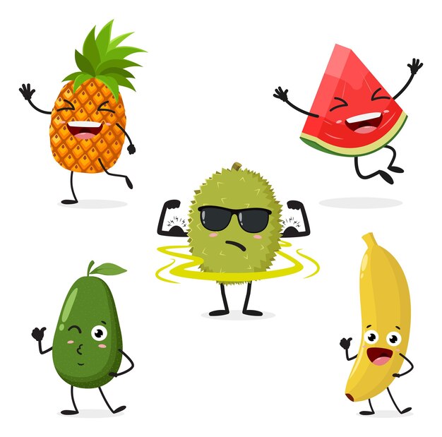 Durian lindo sandía plátano aguacate piña frutas personajes de dibujos animados