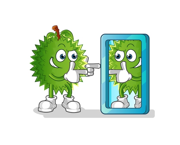 Durian mirando en el espejo de dibujos animados. vector de mascota de dibujos animados