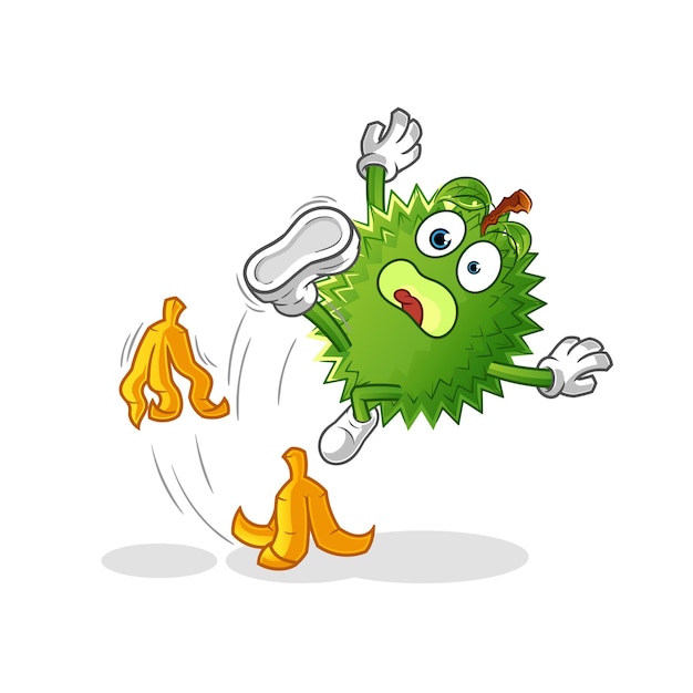 Durian resbaló en el plátano. vector de mascota de dibujos animados