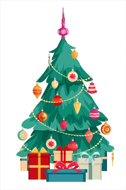 ÐŸÐµÑ ‡ Ð ° Ñ‚ÑŒÁrbol de Navidad con adornos y cajas de regalo. Cubierto de nieve. Feliz navidad y próspero año nuevo. Ilustración vectorial