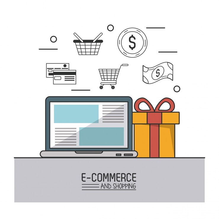 Vector e-commerce y compras con computadora portátil y regalos y compra de iconos
