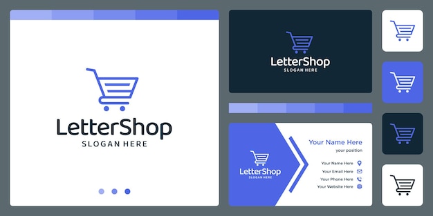 E Concepto de logotipo inicial con plantilla de diseño de carrito de compras. Vector premium