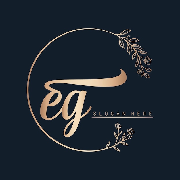 e.g. diseño de logotipo caligráfico y vectorial de firma con círculo en hoja y flor de color dorado