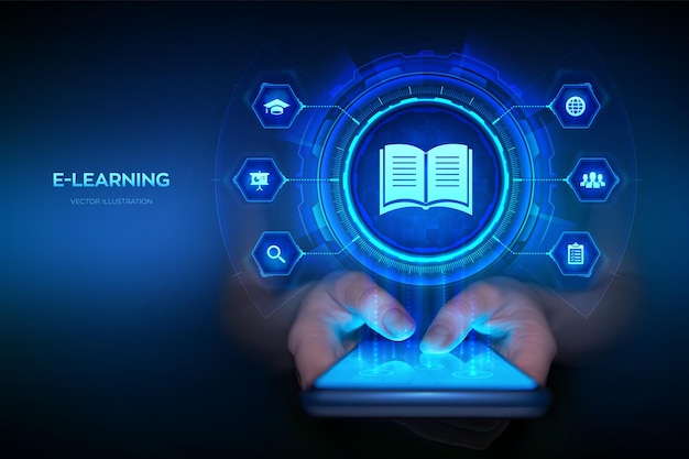 E-learning Concepto innovador de educación en línea y tecnología de Internet Webinar enseñando cursos de formación en línea Desarrollo de habilidades Smartphone en manos Utilizando smartphone Ilustración vectorial